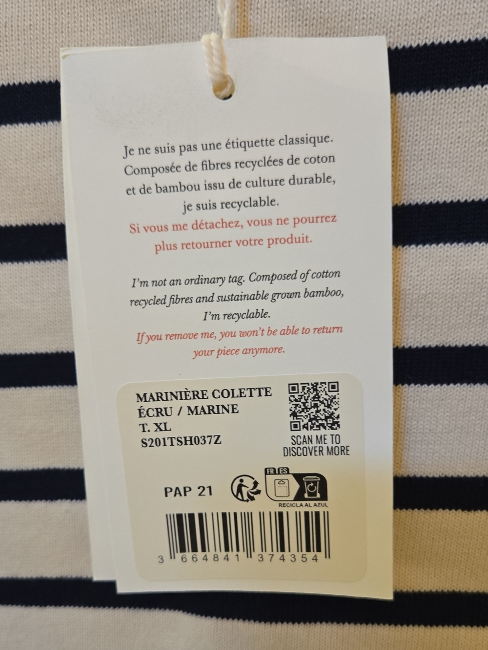 Sezane Colette Marinière Ecru / Navy - Size XL NWT - Picture 2 of 5